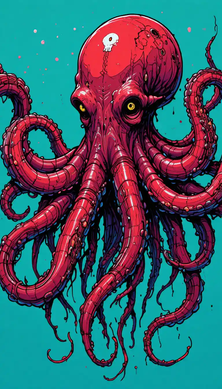 Gruseliger roter Oktopus mit Totenschädel-Gesicht im türkisfarbenen Wasser