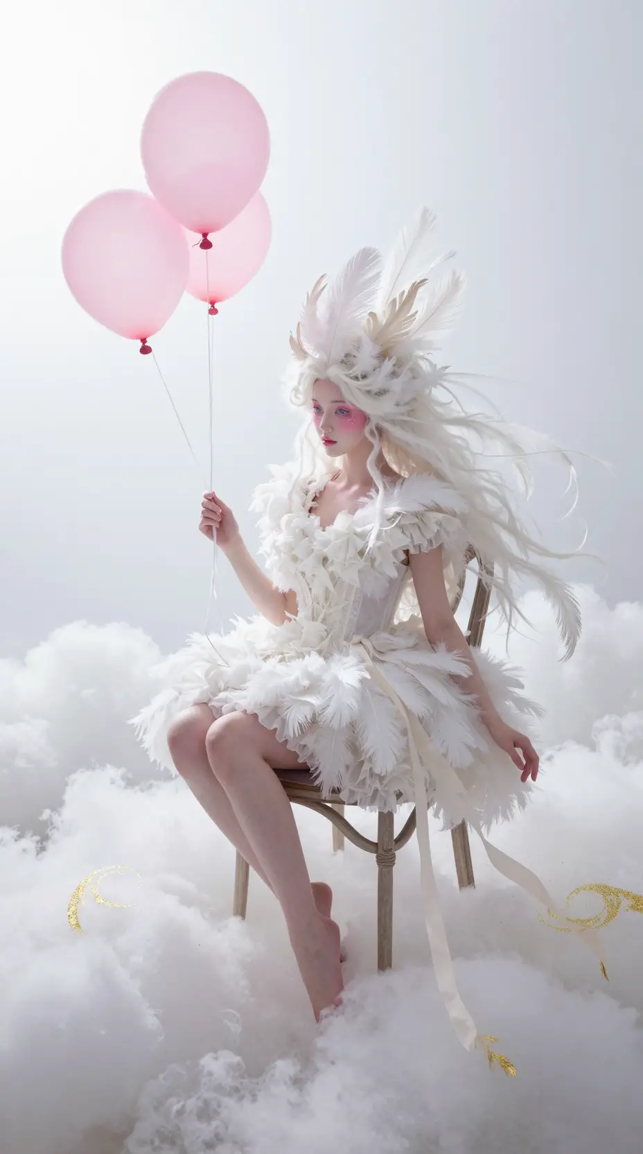 Surreal victorian woman floating on a chair above clouds