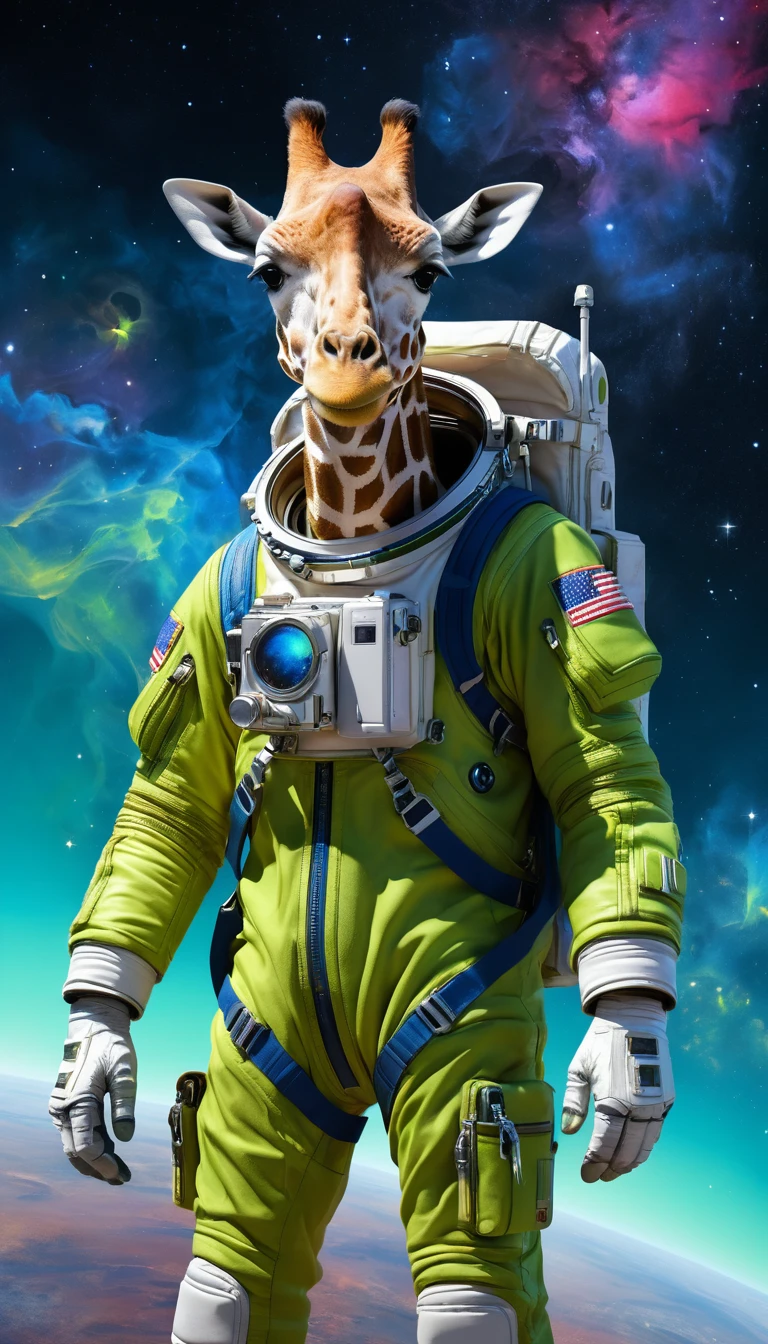 Giraffe astronaut holding a blue visor on the moon