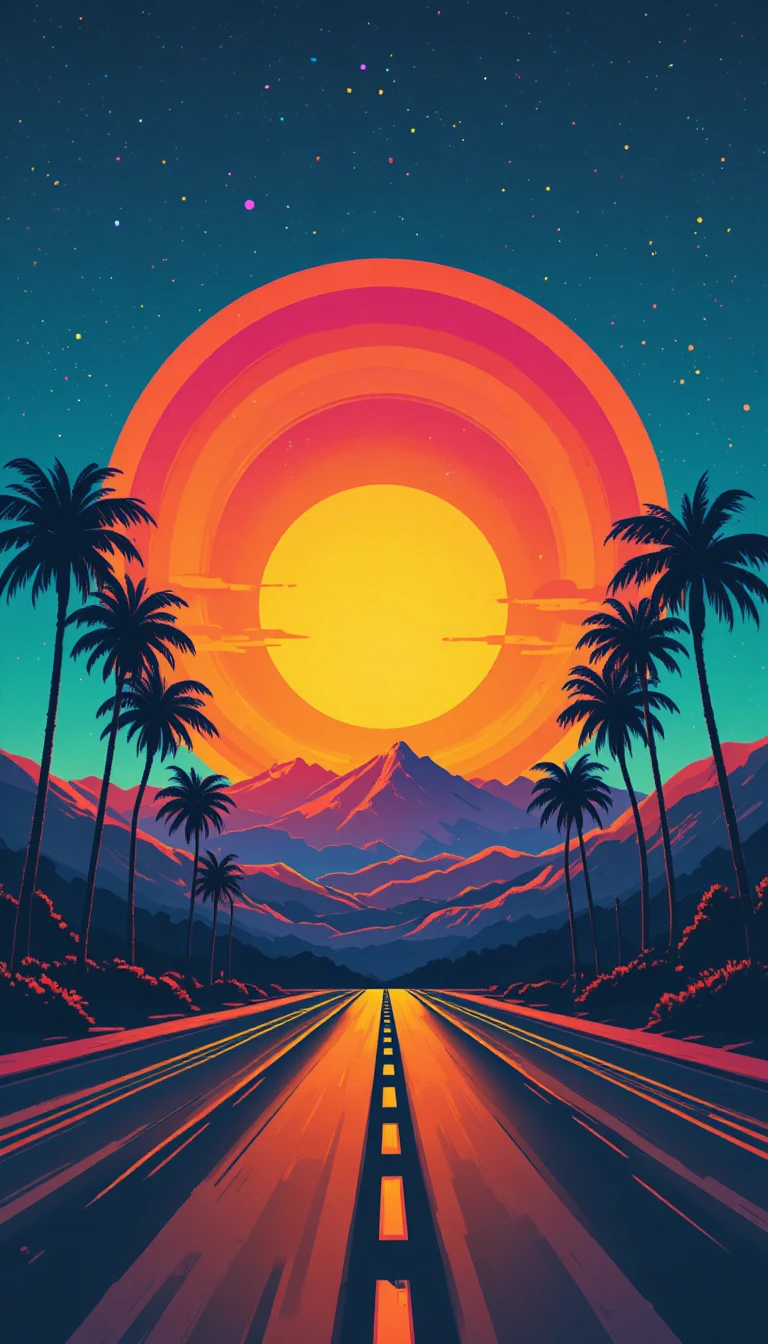 Atardecer digital retro con palmeras y montañas