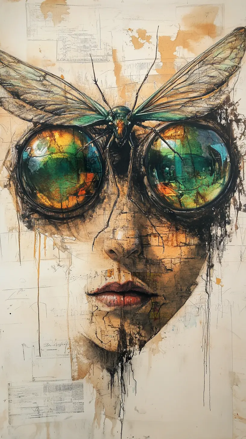 Louva-a-deus surreal em mixed media com grandes olhos reflexivos