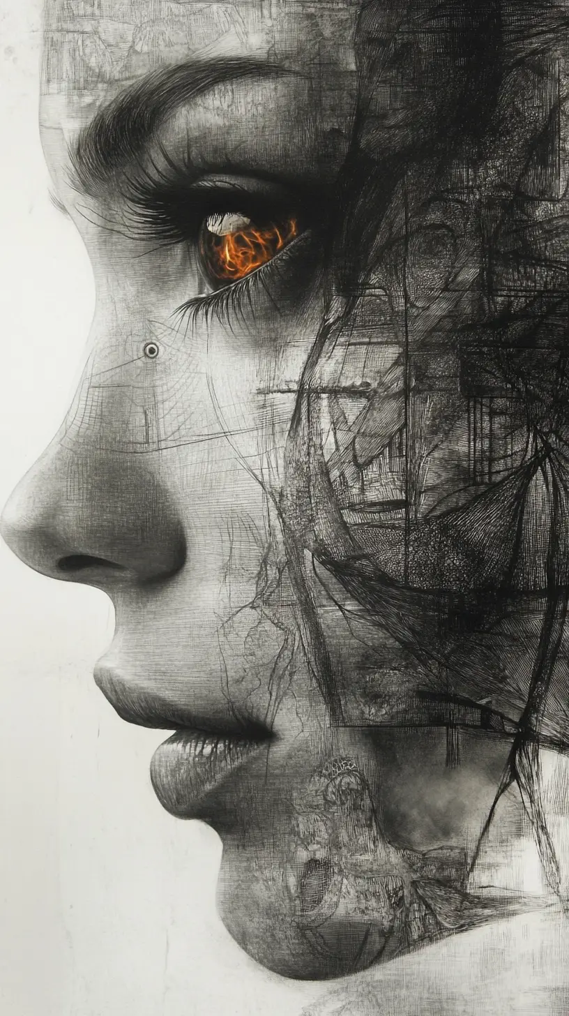 Surreal human portrait with dragonfly faceted eyes in charcoal