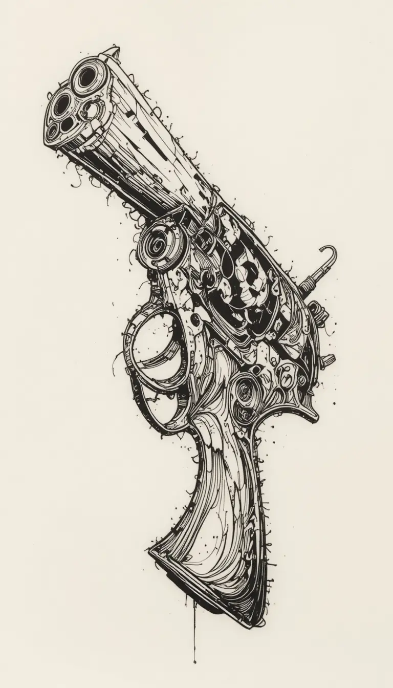 Black and white line art of a handgun with paintbrush