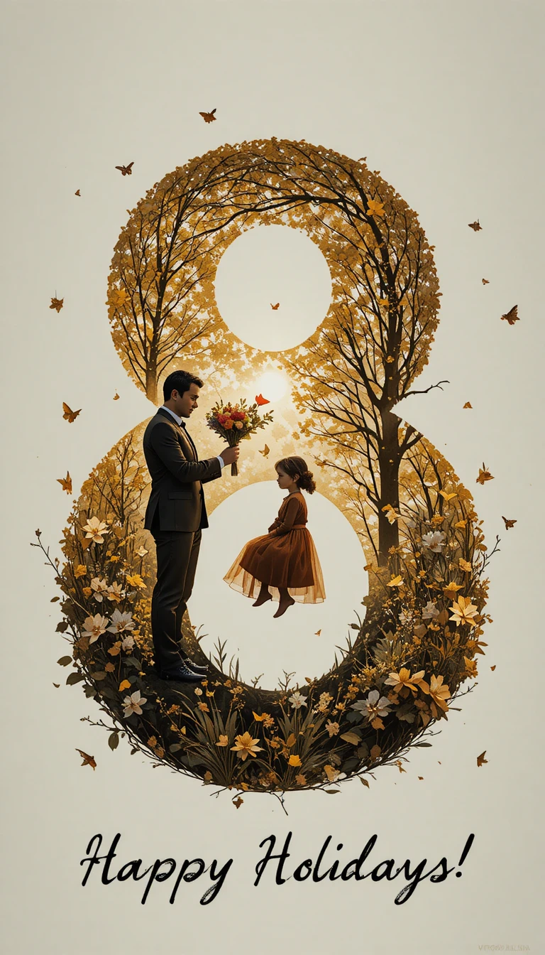 Festive man silhouette with bouquet on golden number eight