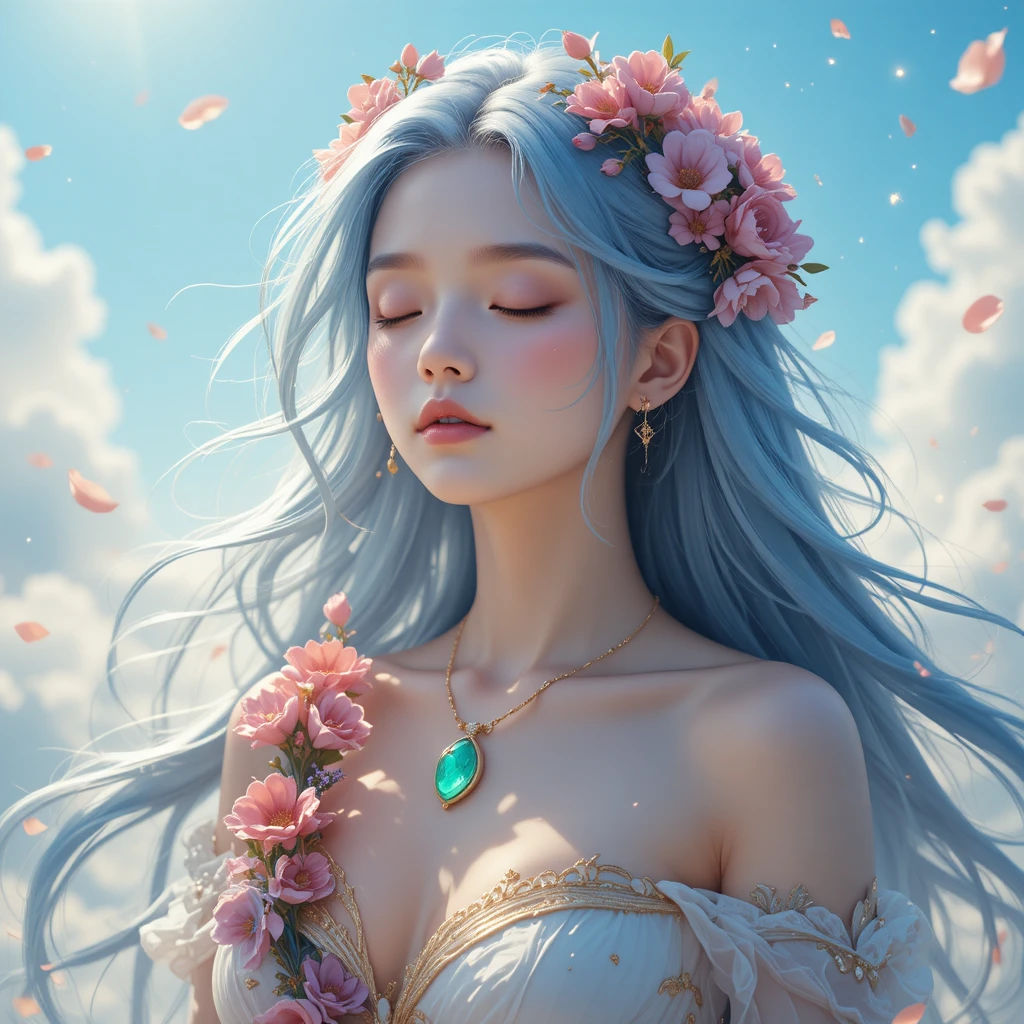 Silver haired fantasy girl with floral crown and pendant