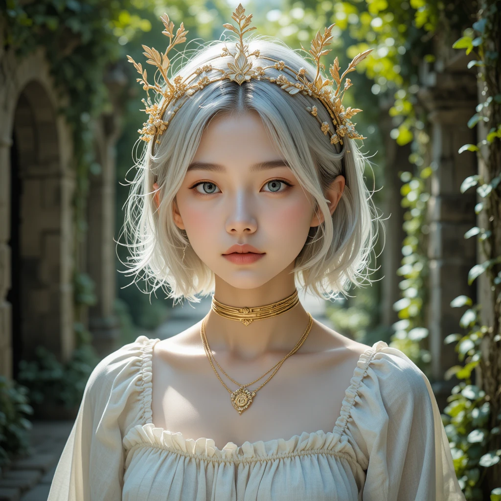 銀髮戴冠少年站在長滿常春藤的石徑上
