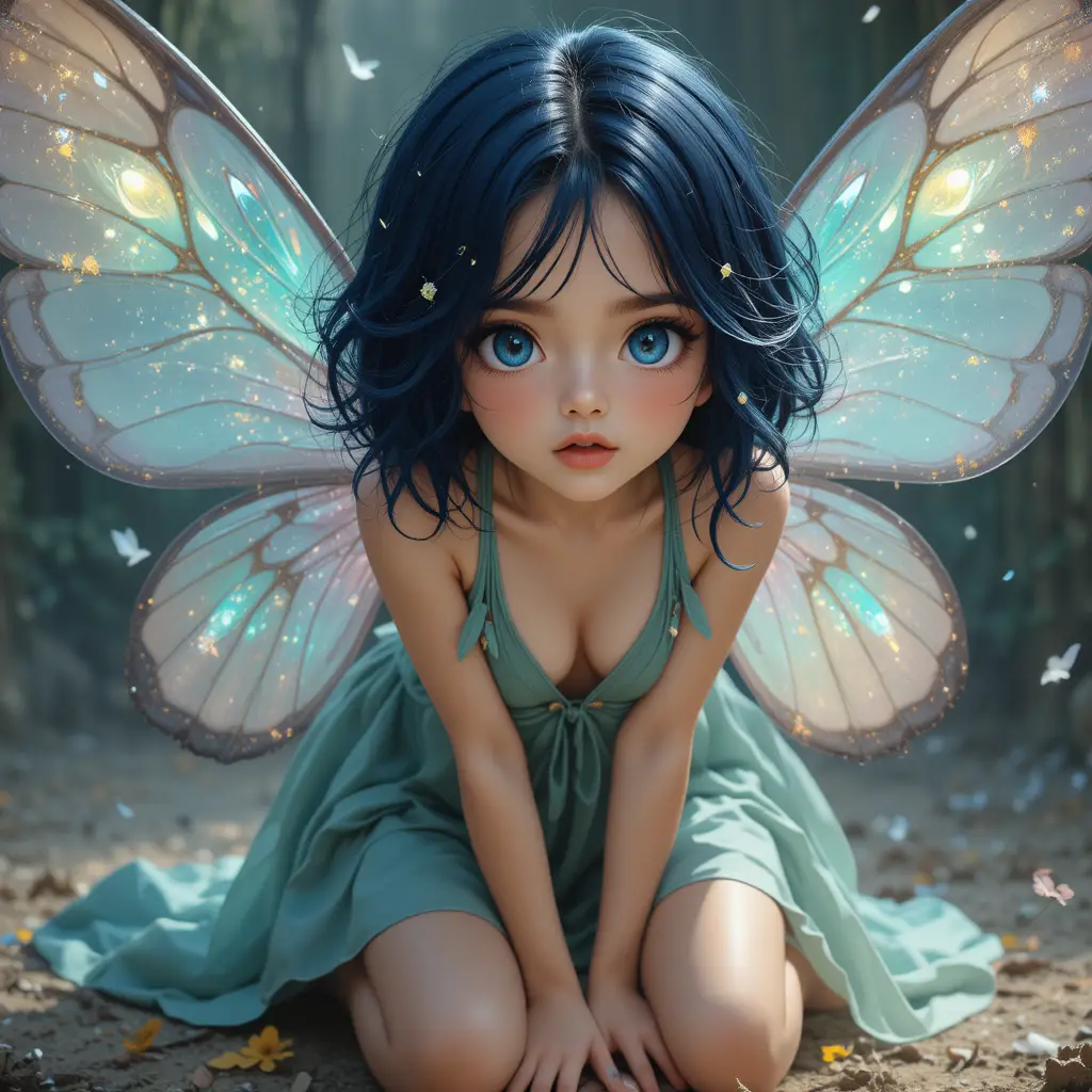 Curious winged girl kneeling in a fantasy illustration