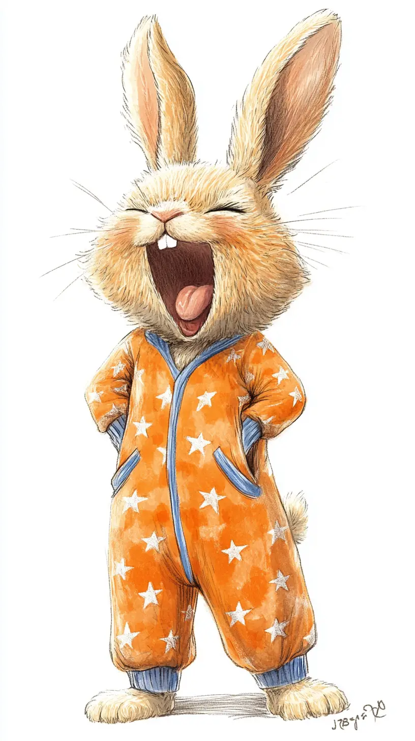 Sleepy cartoon rabbit in starry orange pajamas illustration