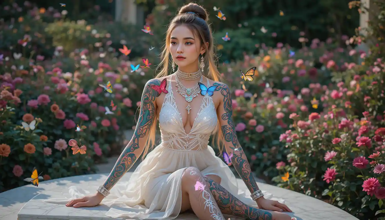 Serene tattooed woman in white dress among garden flowers