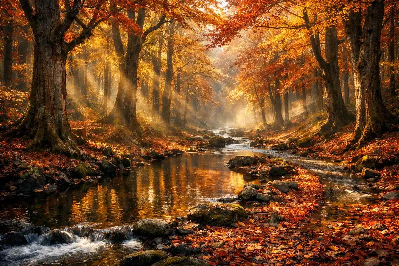 Golden Autumn Forest With Sunlit Mist And Winding Stream