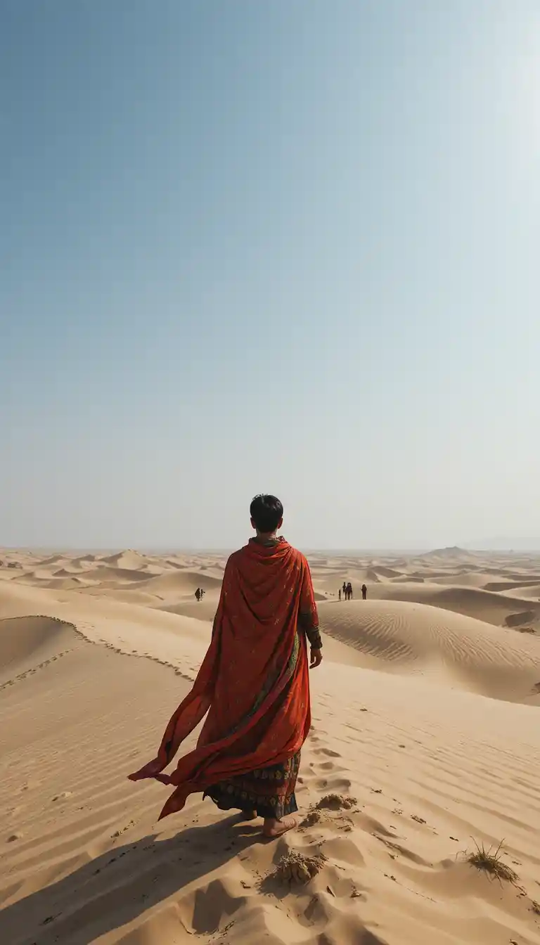 Mono sentado sobre dunas brillantes del desierto al atardecer