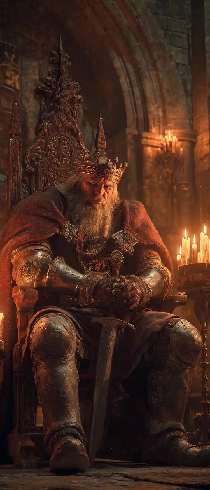 Weary medieval king on his throne in torchlit hall
