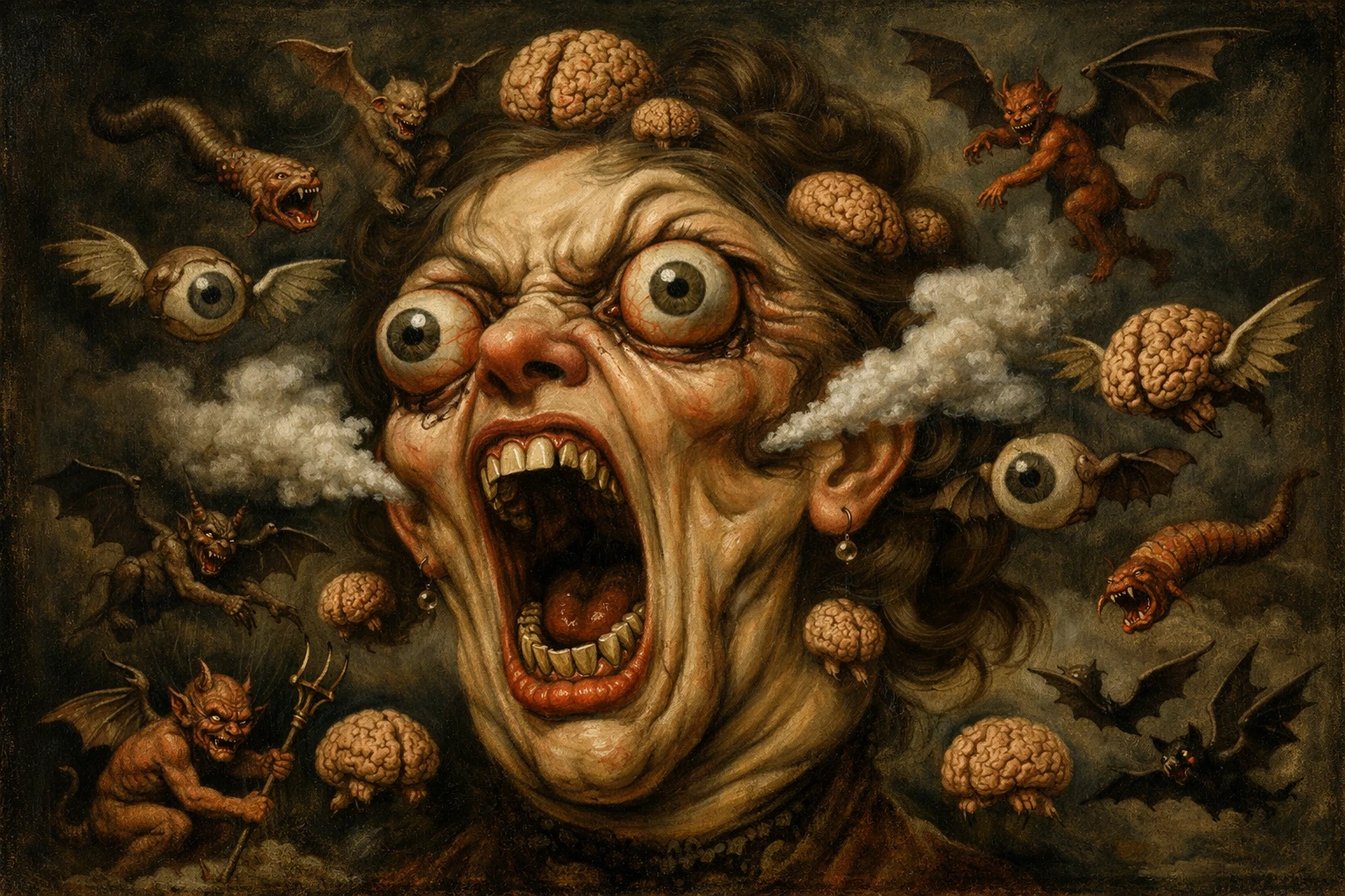 Surreal distressed woman head with demons and flying eyes