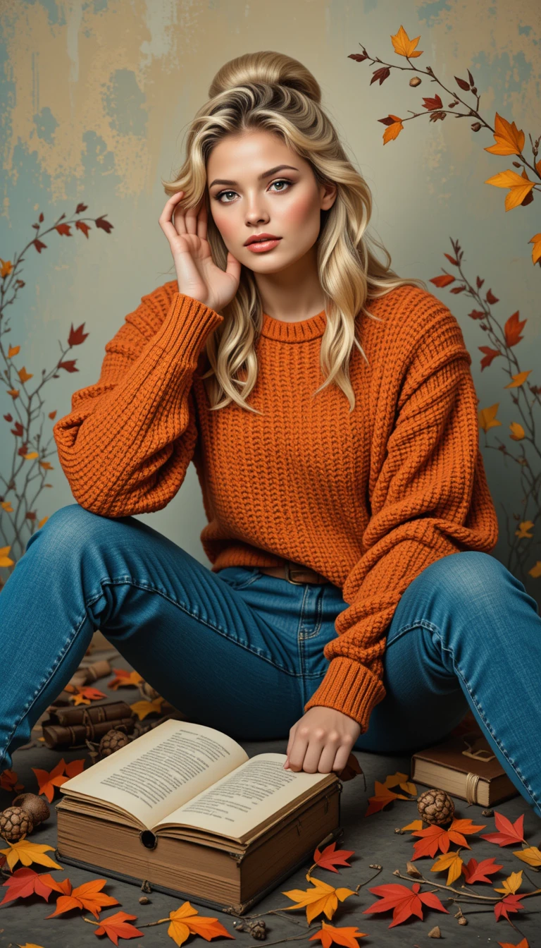 Melancholic young woman reading on the floor in autumn tones