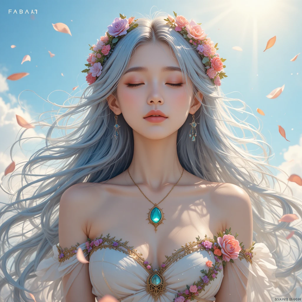 Ragazza fantasy con capelli blu argento e corona di fiori