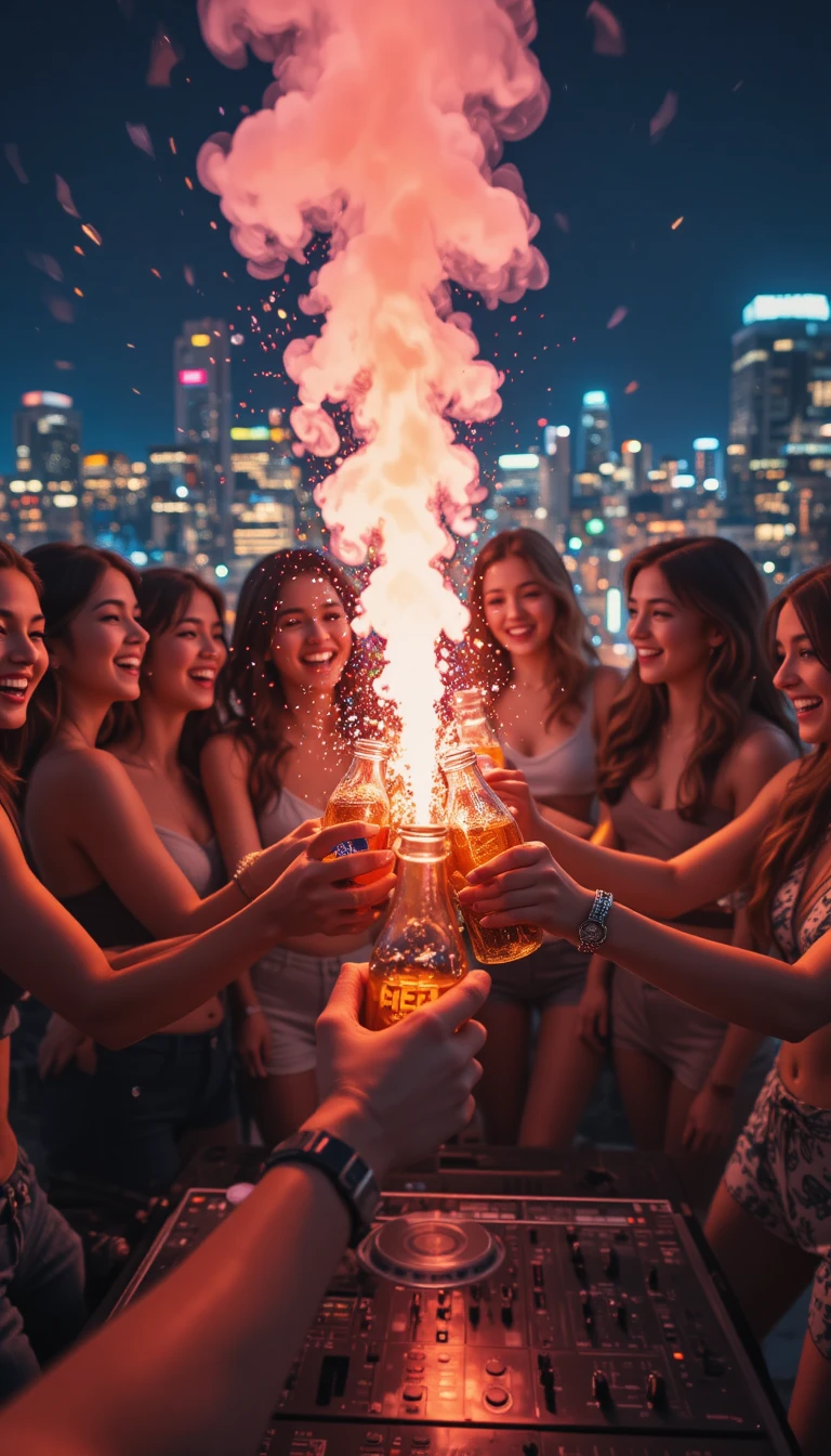 Friends toast with pepsi on a vibrant city rooftop