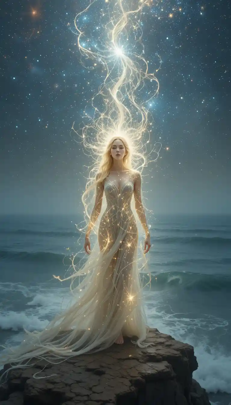 Ethereal starlit woman on cliff above shimmering ocean