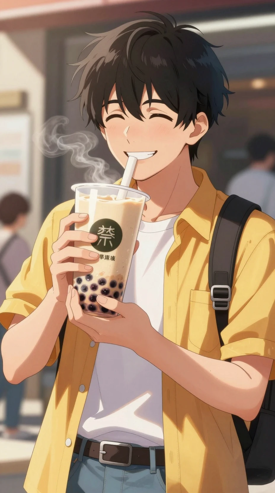 Hombre de anime sonriente disfrutando un cremoso té de boba al aire libre