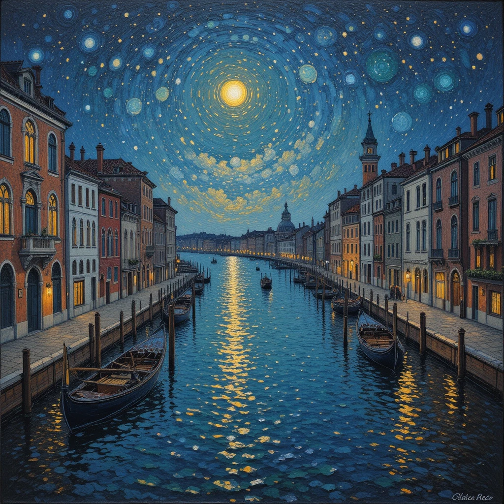 Pointillist Venice cityscape painting under tranquil night sky
