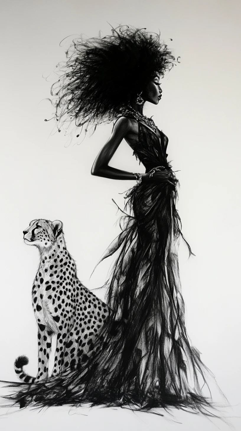 Charcoal drawing of a stylish woman with afro and cheetah