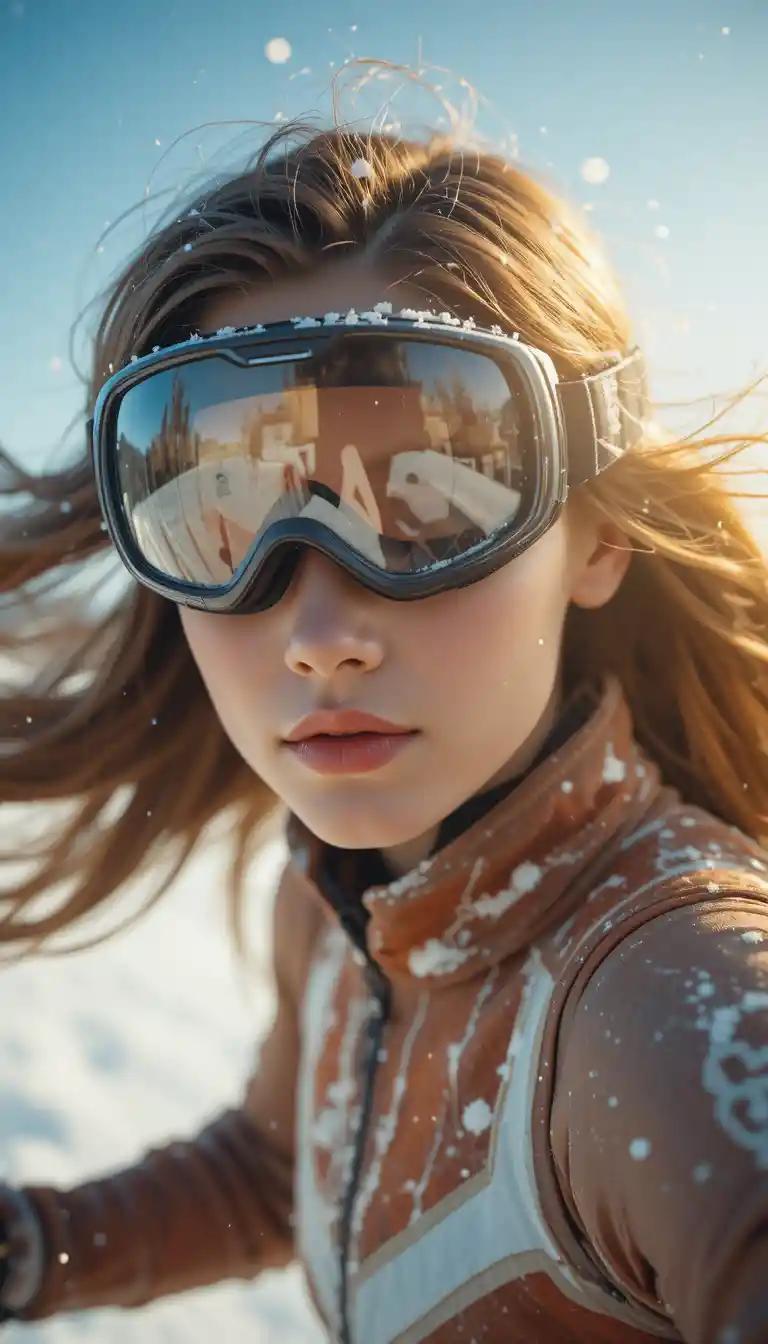 Junge Skifahrerin rast durch funkelnden Morgenschnee