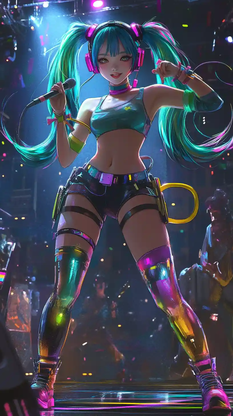 Ídolo de anime bailando enérgicamente en un colorido escenario de concierto