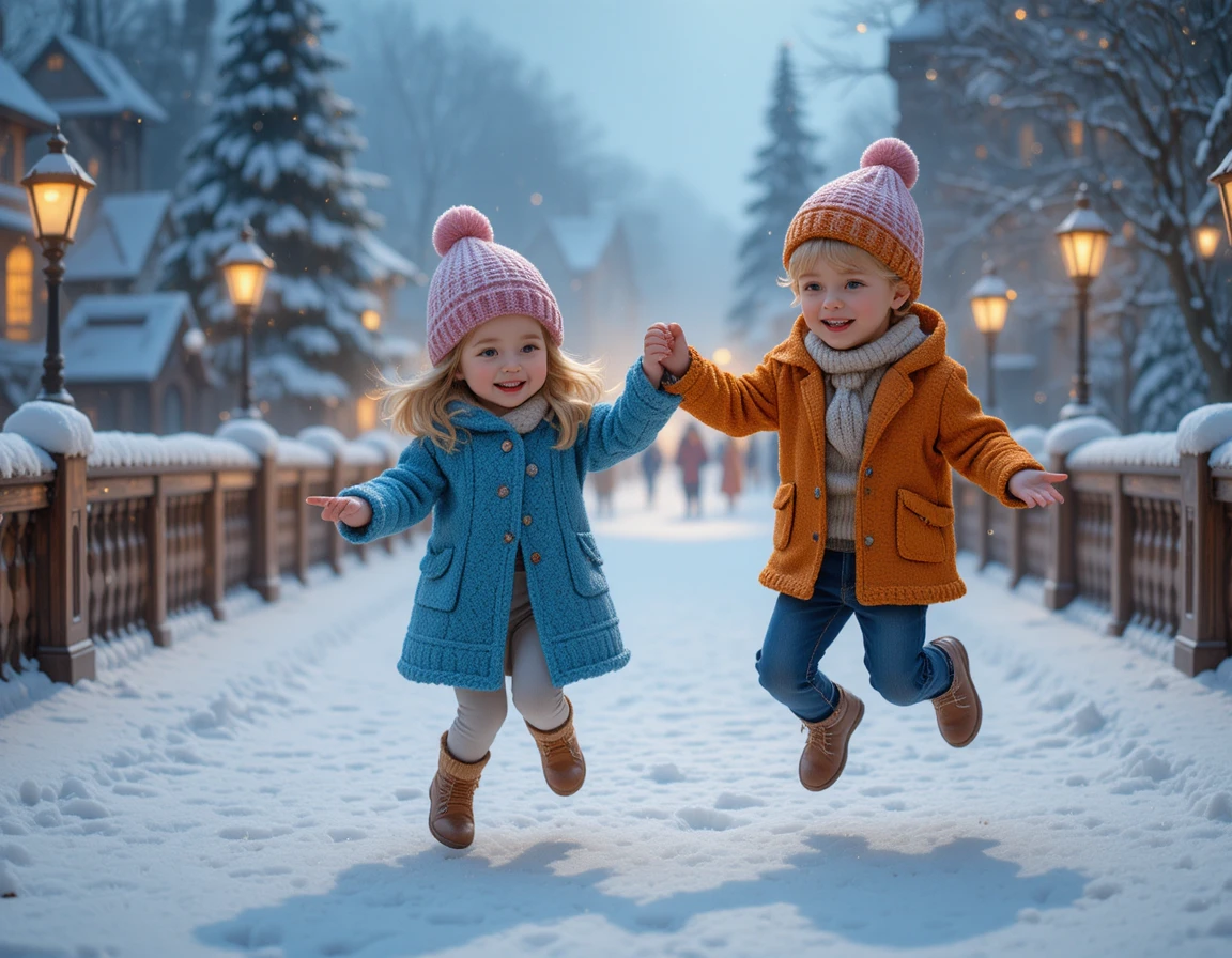 Joyful children jumping together on a snowy bridge