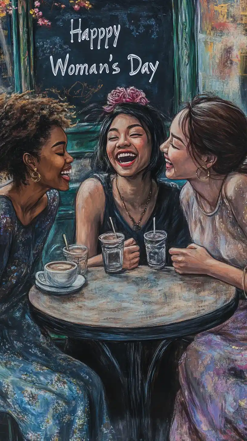 Tres amigas riendo juntas en un acogedor café de París