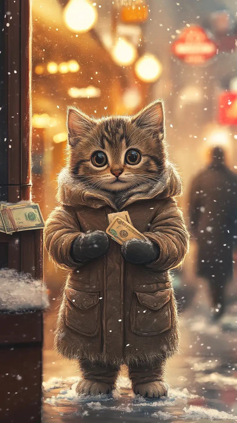 Cute kitten in winter coat buying pastry at bakery counter