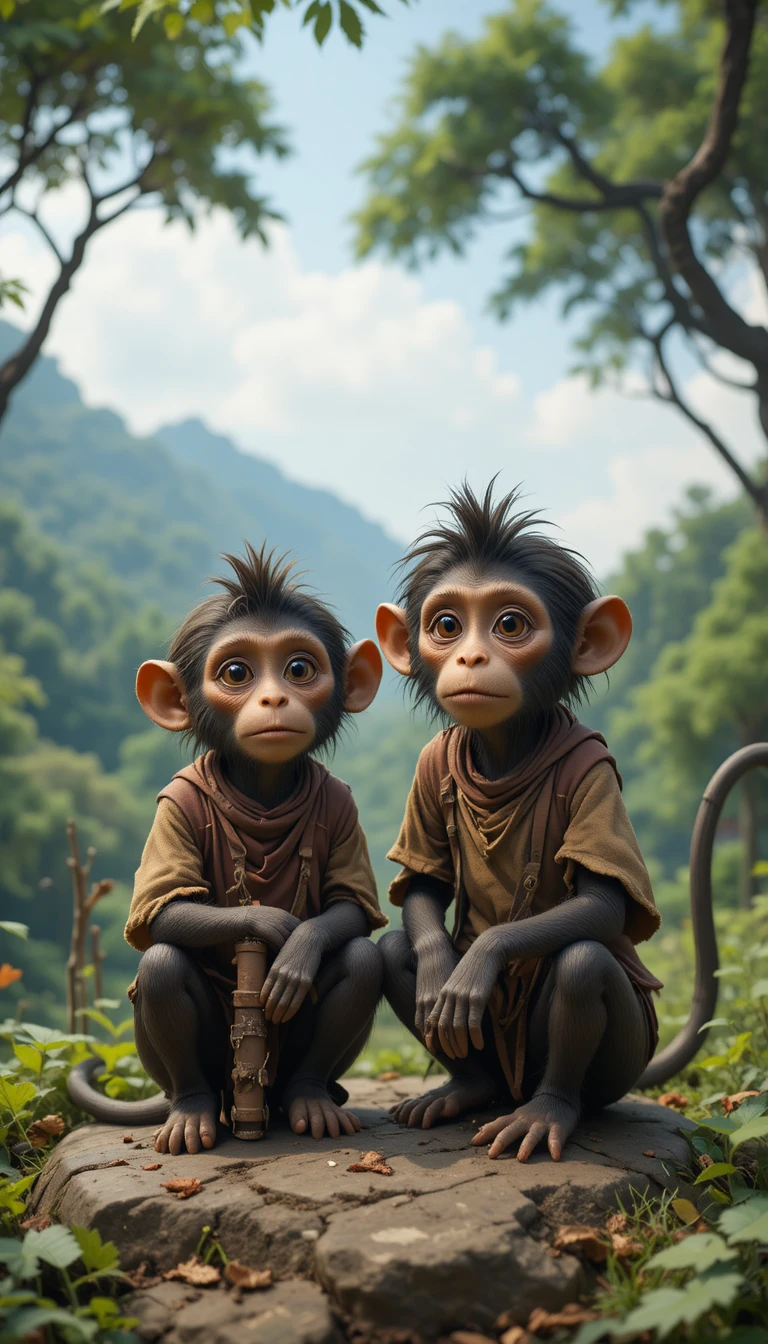 Dos monos hambrientos en una aldea pobre al borde del bosque