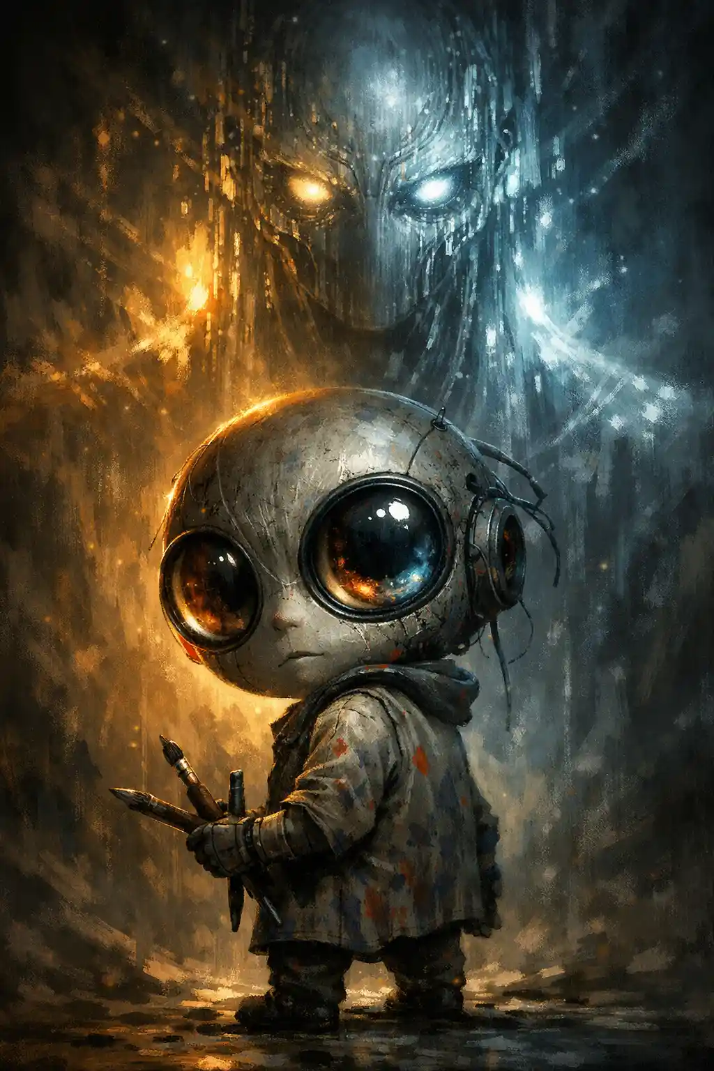 Surreal portrait of an AI artist facing a towering presence