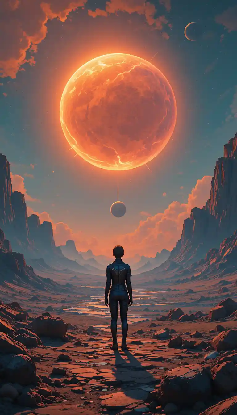 Einsame Gestalt unter leuchtendem Planeten in außerirdischer Landschaft