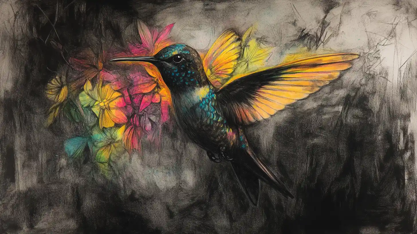 Colibrí surrealista a carboncillo con plumas iridiscentes brillantes