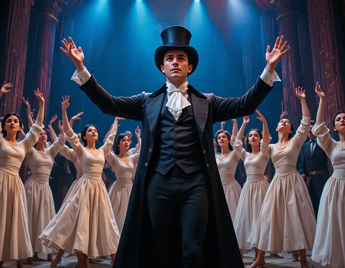 Caucasian man in black vintage suit on theater stage