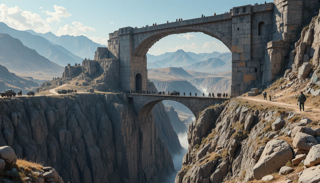 Militärkonvoi in einem rauen Gebirgspass mit Holzbrücke