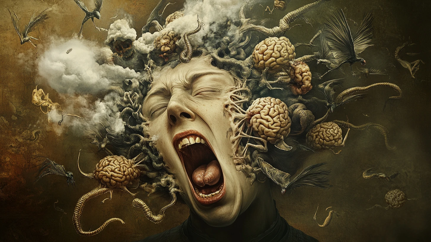 Cabeça de mulher distorcida surreal com criaturas demoníacas voadoras