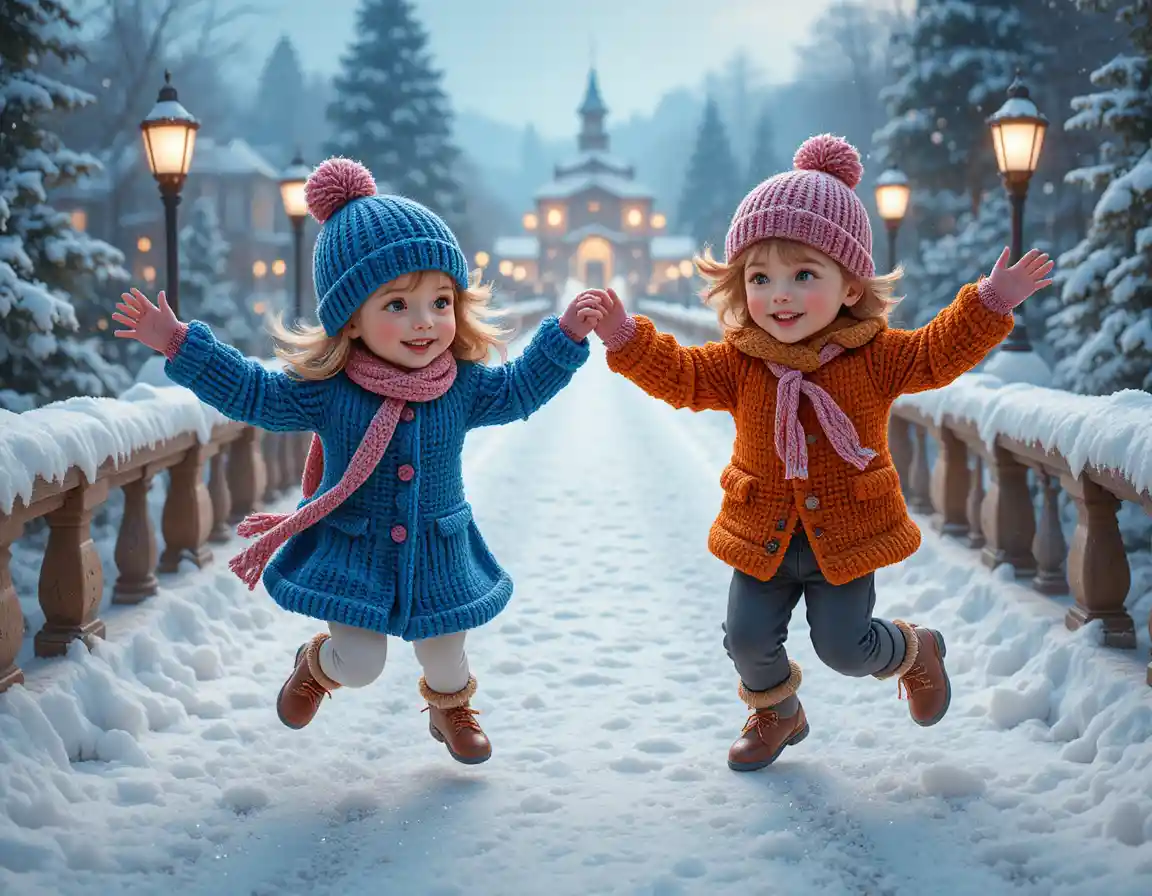 Two joyful children jumping on a snowy winter bridge