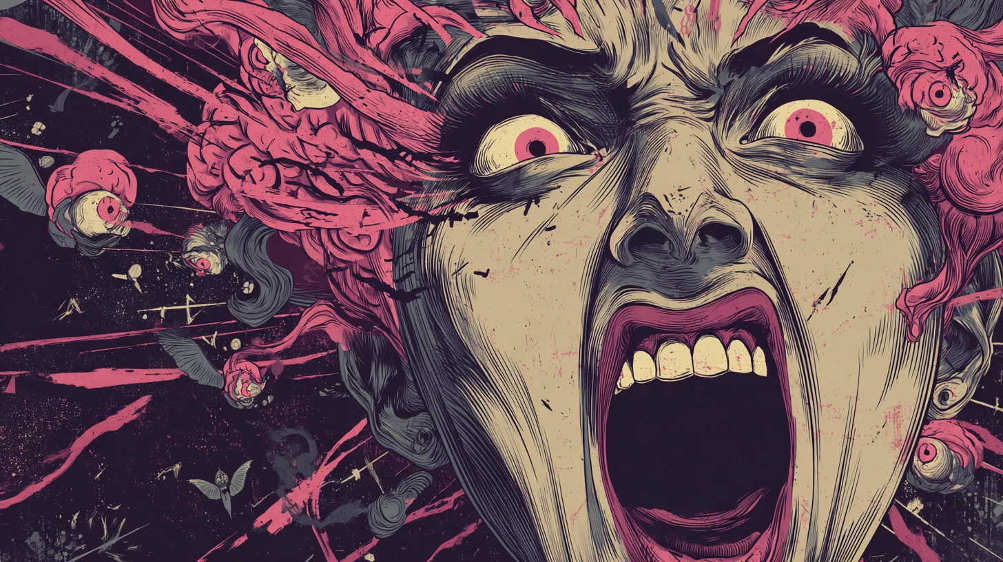 Surreal Distorted Woman Head With Demonic Flying Creatures