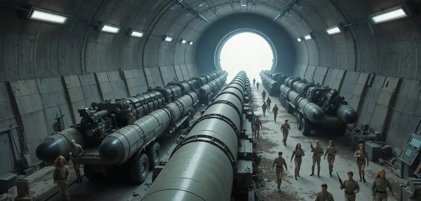 Cinematic underground bunker with missile trucks and soldiers