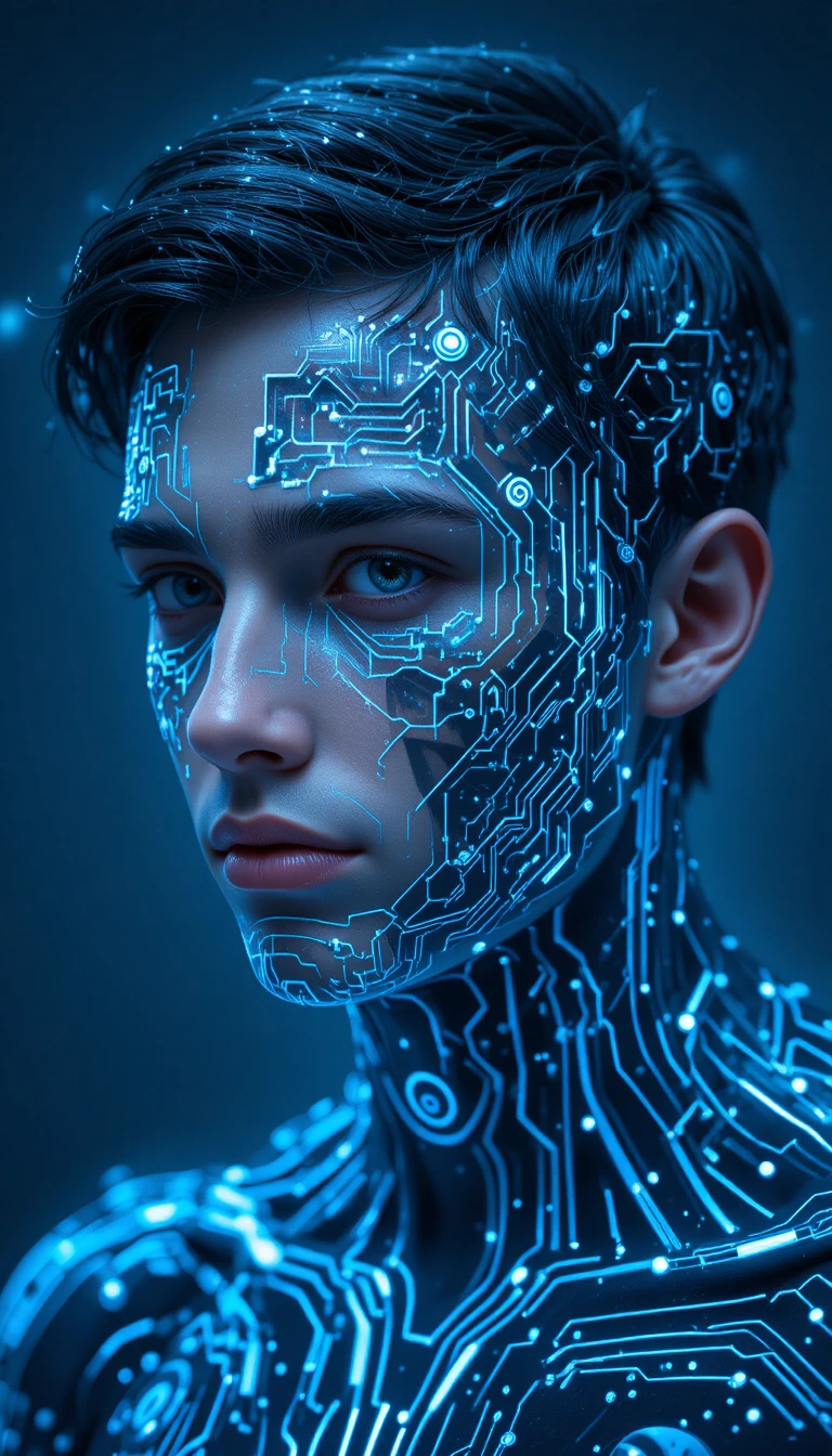 Young man with glowing blue digital circuitry face