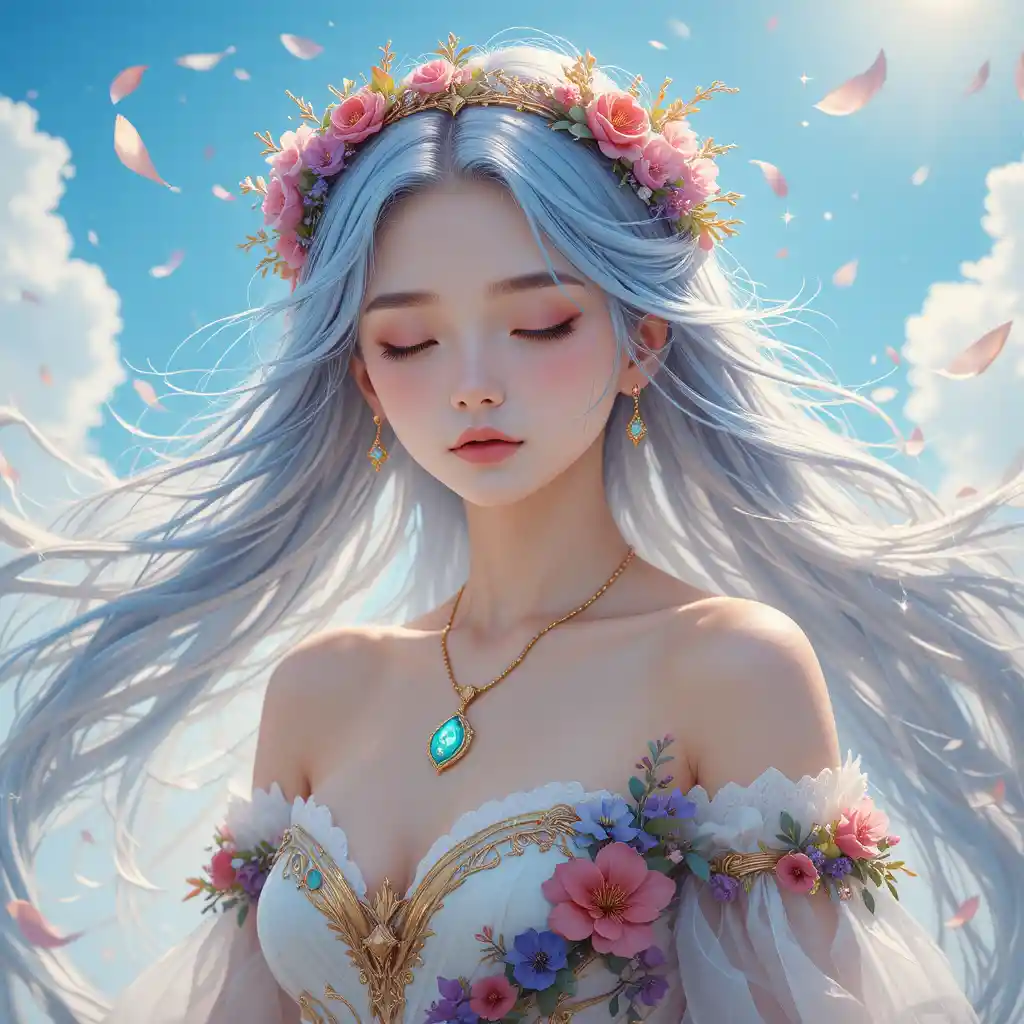 Silver haired fantasy girl with floral crown and pendant