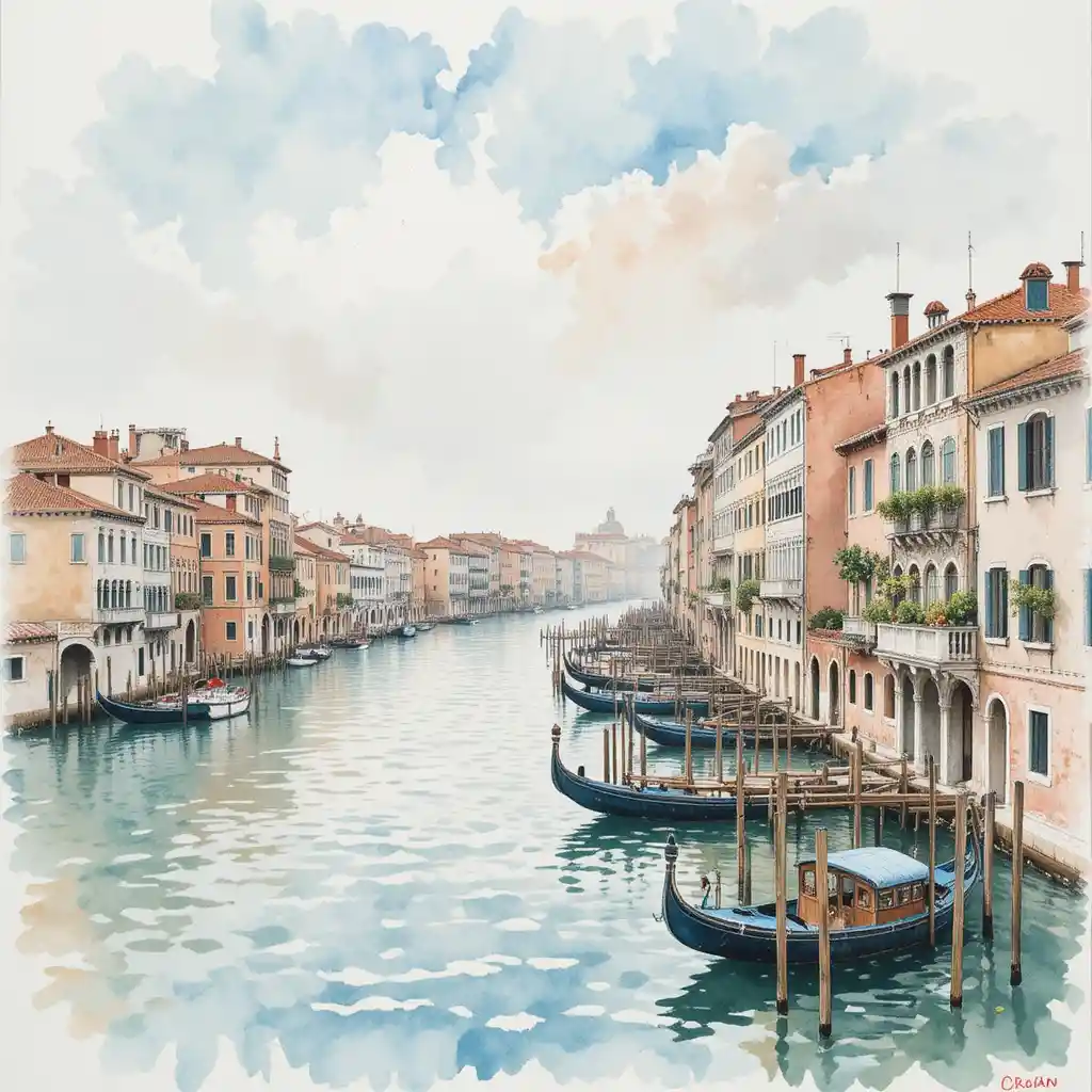 Watercolor cityscape of Venice in an artistic painting