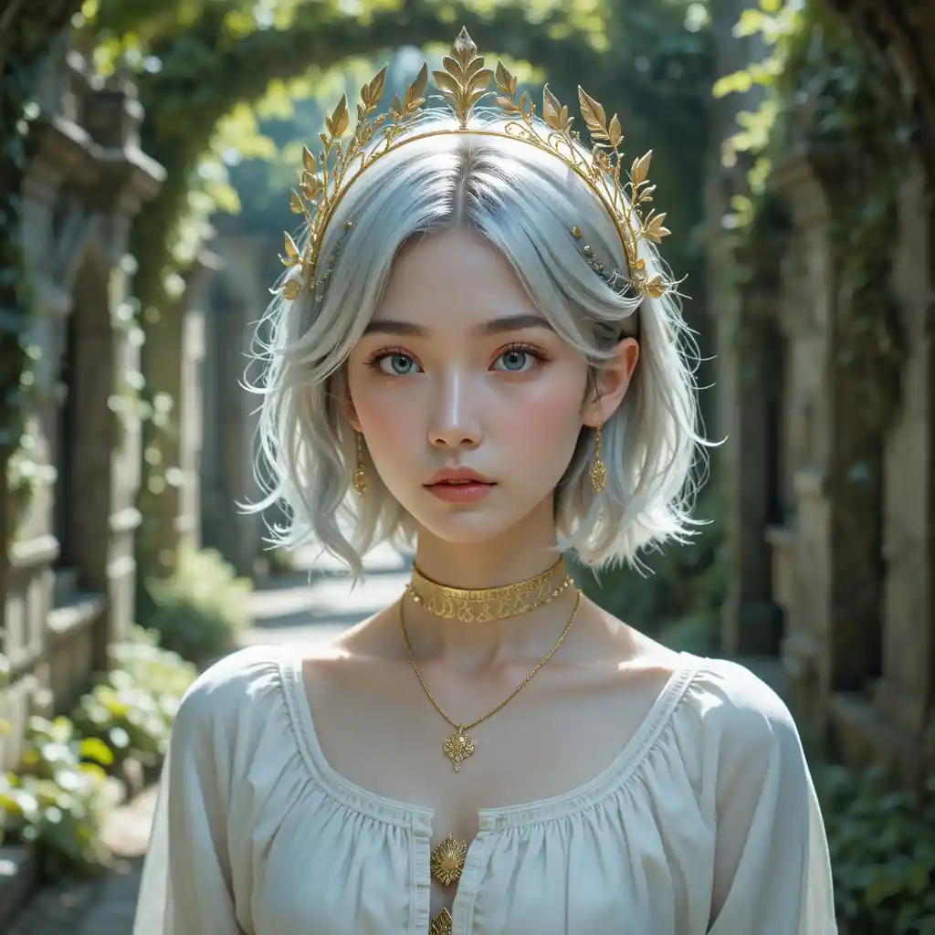 Silver haired fantasy youth in ivy covered stone ruins