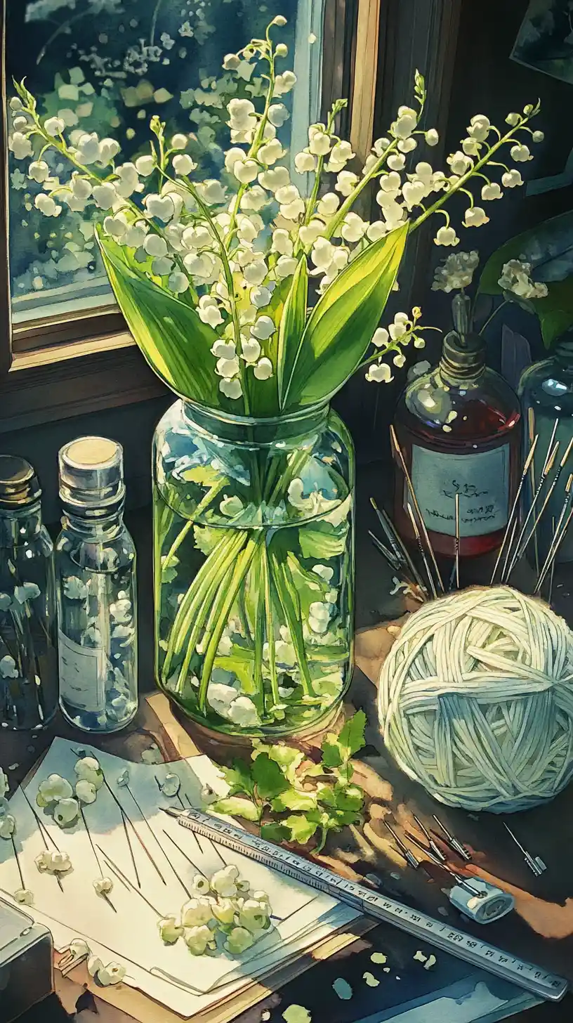 Watercolor illustration of sewing tools with lily of the valley