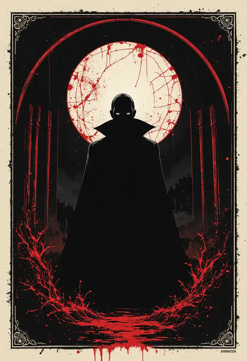 Poster inquietante di un vampiro con forte contrasto tra nero e rosso sangue