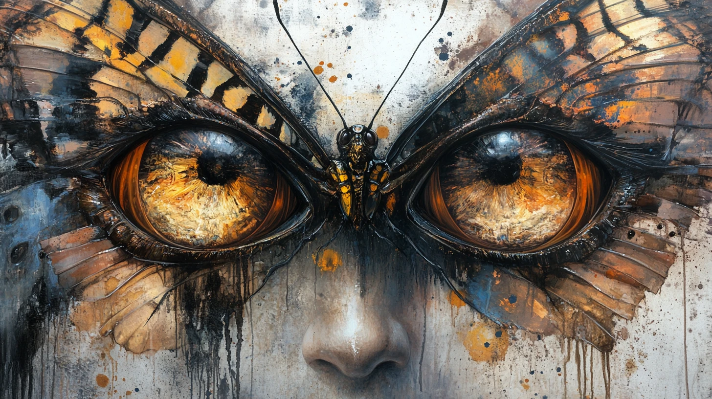 Surrealer Mixed-Media-Schmetterling mit großen reflektierenden Augen