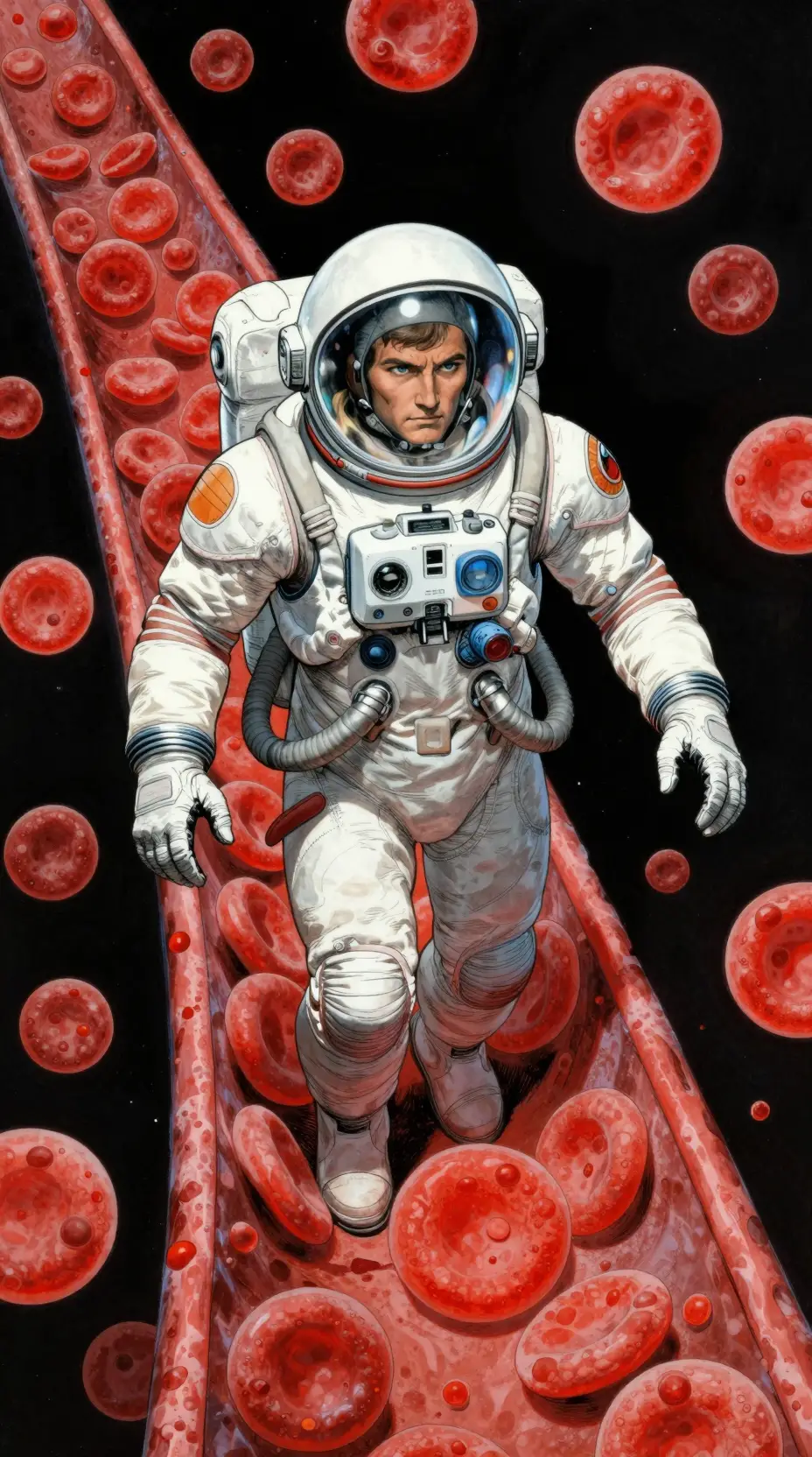 Astronaut Floating Among Red Blood Cells In Vein Microcosm