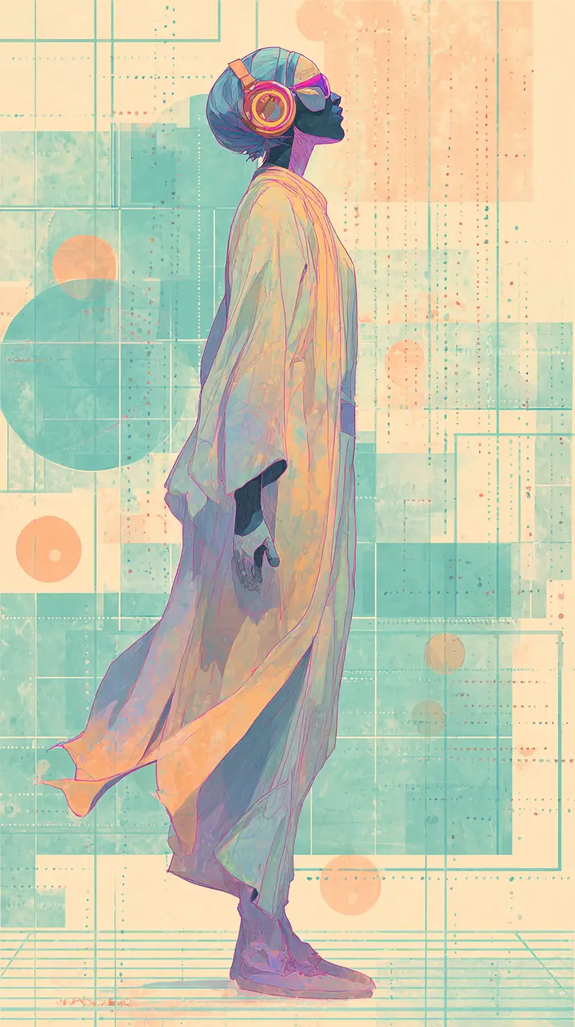 Silent disco dancer in pastel abstract poster scene