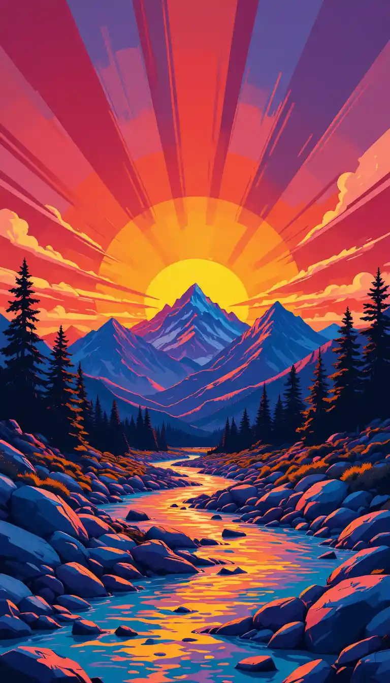 Tramonto geometrico e colorato su montagne e fiume tortuoso