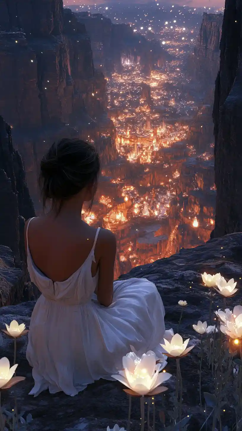 Young woman on cliff edge in glowing fantasy canyon